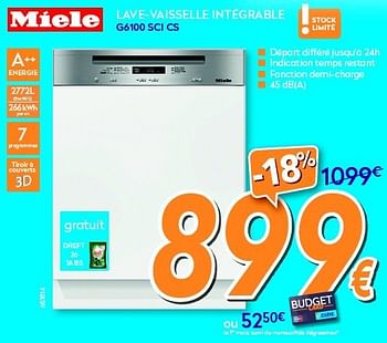Promotions Miele lave-vaisselle intégrable g6100 sci cs - Miele - Valide de 23/09/2014 à 25/10/2014 chez Krefel