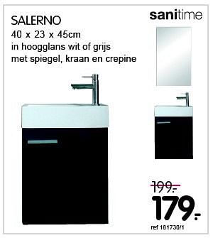 Promoties Salerno in hoogglans wit of grijs met spiegel, kraan en crepine - Sanitime - Geldig van 13/10/2014 tot 12/11/2014 bij Freetime