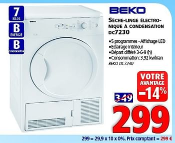 Promotions Beko sèche-linge électro- nique à condensation dc7230 - Beko - Valide de 11/10/2014 à 27/10/2014 chez Kitchenmarket