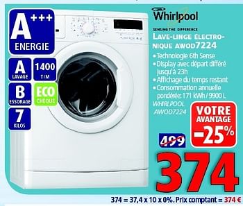 Promotions Whirlpool lave-linge électro- nique awod7224 - Whirlpool - Valide de 11/10/2014 à 27/10/2014 chez Kitchenmarket