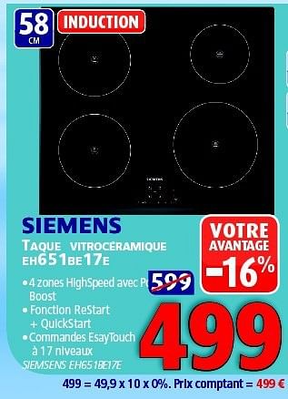 Promotions Siemens taque vitrocéramique eh651be17e - Siemens - Valide de 11/10/2014 à 27/10/2014 chez Kitchenmarket