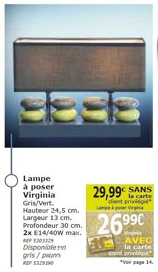 Promotions Lampe à poser virginia - Produit maison - BricoPlanit - Valide de 03/09/2014 à 03/11/2014 chez BricoPlanit