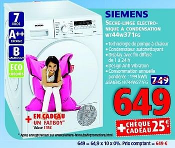 Promotions Siemens sèche-linge électro- nique à condensation wt44w371fg - Siemens - Valide de 28/10/2014 à 12/11/2014 chez Kitchenmarket