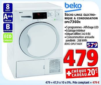 Promotions Beko sèche-linge électro-nique à condensation dpu7360x - Beko - Valide de 28/10/2014 à 12/11/2014 chez Kitchenmarket