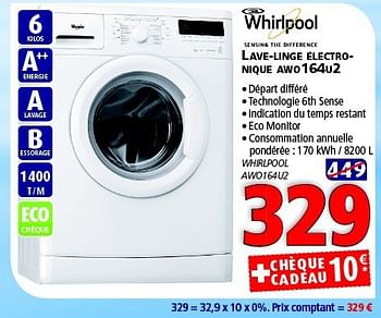 Promotions Whirlpool lave-linge électro- nique awo164u2 - Whirlpool - Valide de 28/10/2014 à 12/11/2014 chez Kitchenmarket