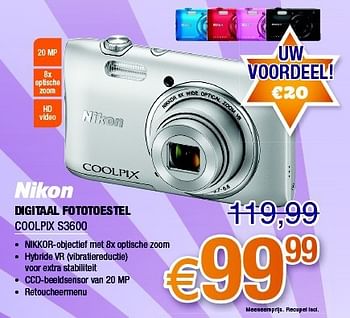 Promoties Nikon digitaal fototoestel coolpix s3600 - Nikon - Geldig van 01/11/2014 tot 30/11/2014 bij Expert