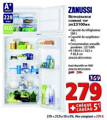 Promotions Zanussi réfrigérateur combiné top zrt23100wa - Zanussi - Valide de 12/11/2014 à 26/12/2014 chez Kitchenmarket