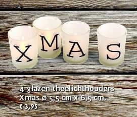 Promoties 4 glazen theelichthouders xmas - Huismerk - Aveve - Geldig van 25/11/2014 tot 14/12/2014 bij Aveve