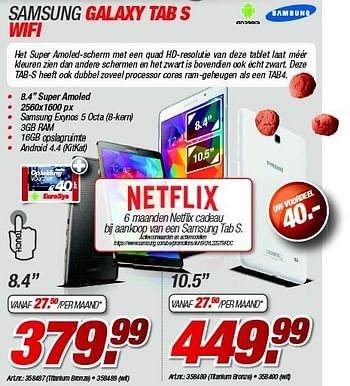 Promoties Samsung galaxy tab s wifi - Samsung - Geldig van 27/11/2014 tot 08/12/2014 bij Auva