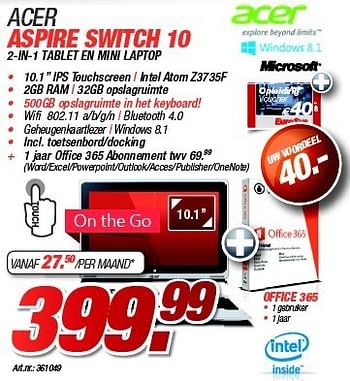 Promoties Acer aspire switch 10 - Acer - Geldig van 27/11/2014 tot 08/12/2014 bij Auva