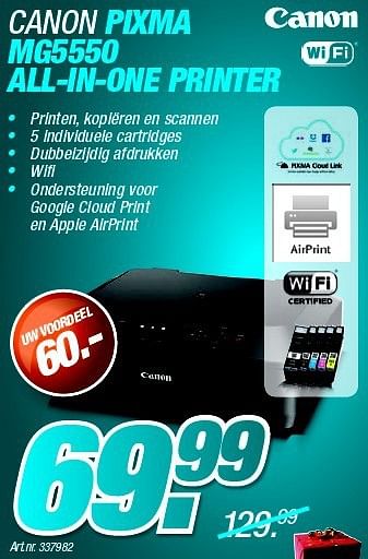 Promoties Canon pixma mg5550 all-in-one printer - Canon - Geldig van 09/12/2014 tot 18/01/2015 bij VCD