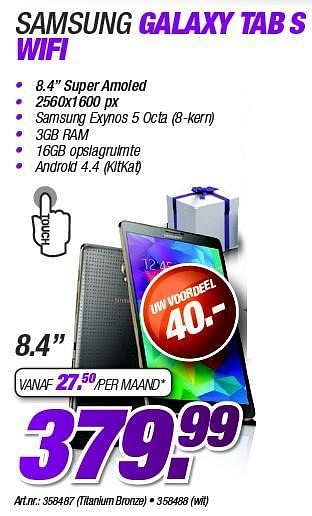 Promoties Samsung galaxy tab s wifi - Samsung - Geldig van 09/12/2014 tot 18/01/2015 bij VCD