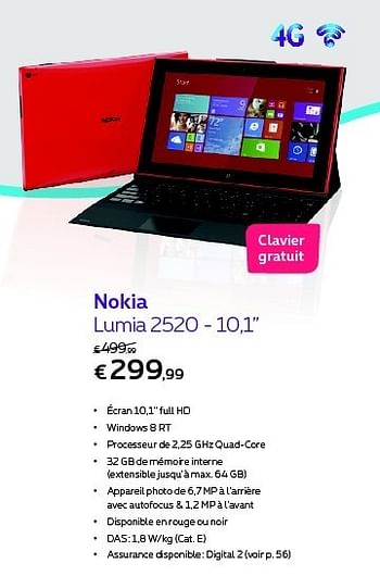 Promotions Nokia lumia 2520 - 10,1 - Nokia - Valide de 01/12/2014 à 31/12/2014 chez Proximus