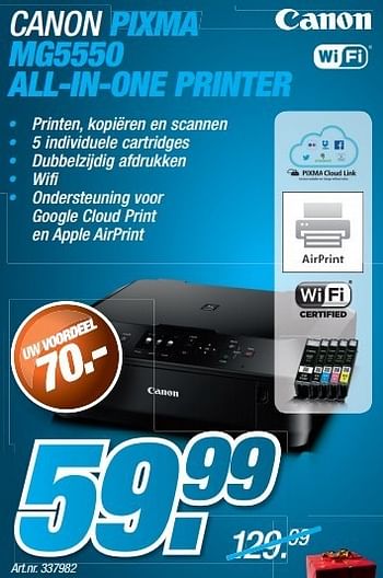 Promoties Canon pixma mg5550 all-in-one printer - Canon - Geldig van 08/12/2014 tot 31/12/2014 bij Auva
