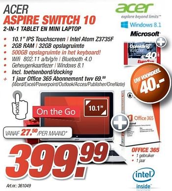 Promoties Acer aspire switch 10 - Acer - Geldig van 08/12/2014 tot 31/12/2014 bij Auva