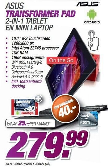 Promoties Asus transformer pad 2-in-1 tablet en mini laptop - Asus - Geldig van 08/12/2014 tot 31/12/2014 bij Auva