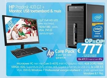 Promoties Hp prodesk 400 g1 + monitor, usb toetsenbord + muis - HP - Geldig van 01/12/2014 tot 06/01/2015 bij Compudeals