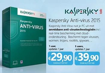 Promoties Kaspersky anti-virus 2015 - Kaspersky - Geldig van 01/12/2014 tot 06/01/2015 bij Compudeals