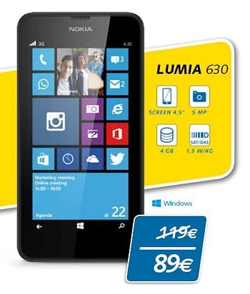 Promotions Nokia lumia 630 - Nokia - Valide de 03/01/2015 à 31/01/2015 chez Base