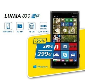 Promotions Nokia lumia 830 - Nokia - Valide de 03/01/2015 à 31/01/2015 chez Base