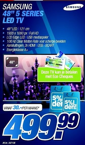 Promoties Samsung 48`` 5 series led tv - Samsung - Geldig van 28/12/2014 tot 31/01/2015 bij Auva