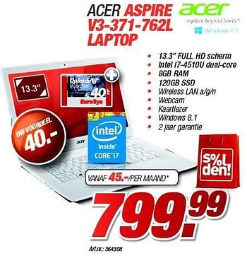 Promoties Acer aspire v3-371-762l laptop - Acer - Geldig van 28/12/2014 tot 31/01/2015 bij Auva