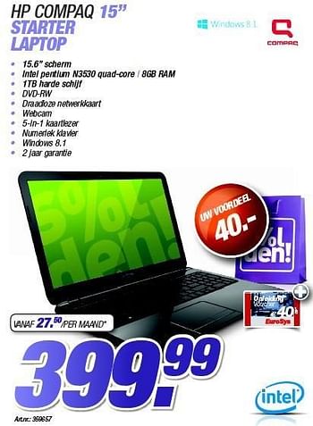 Promoties Hp compaq 15`` starter laptop - Compaq - Geldig van 28/12/2014 tot 31/01/2015 bij Auva