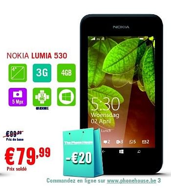 Promotions Nokia lumia 530 - Nokia - Valide de 03/01/2015 à 31/01/2015 chez The Phone House