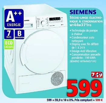 Promotions Siemens sèche-linge électro- nique à condensation wt44w371fg - Siemens - Valide de 03/01/2015 à 31/01/2015 chez Kitchenmarket