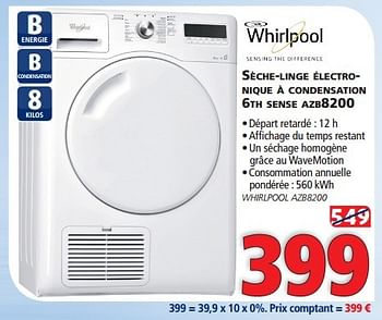 Promotions Whirlpool sèche-linge électro- nique à condensation 6th sense azb8200 - Whirlpool - Valide de 27/01/2015 à 28/02/2015 chez Kitchenmarket