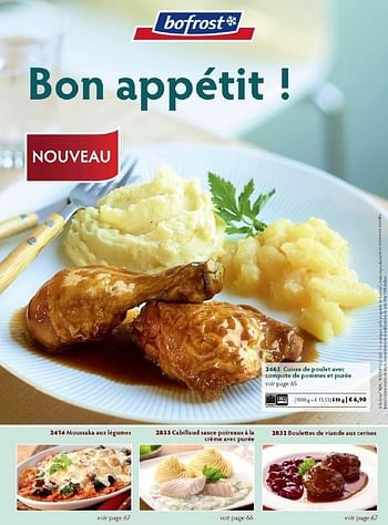 Promotions Cuisse de poulet avec compote de pommes et purée - Produit maison - Bofrost - Valide de 01/10/2014 à 31/03/2015 chez Bofrost