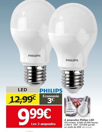 Promotions 2 ampoules philips led - Philips - Valide de 25/02/2015 à 09/03/2015 chez BricoPlanit