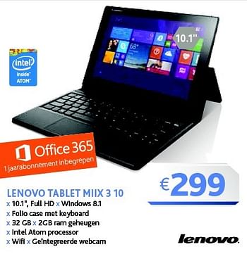 Promoties Lenovo tablet miix 3 10 x 10.1 - Lenovo - Geldig van 02/03/2015 tot 31/03/2015 bij Connect IT