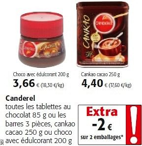 Canderel Canderel toutes les tablettes au chocolat ou les barres, cankao  cacao ou choco avec édulcorant - En promotion chez Colruyt