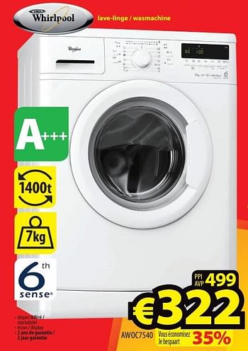Promoties Whirlpool lave-linge - wasmachine awoc7540 - Whirlpool - Geldig van 30/03/2015 tot 02/05/2015 bij ElectroStock