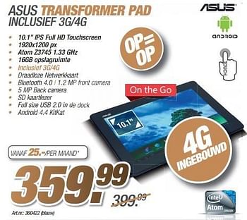 Promoties Asus transformer pad inclusief 3g-4g - Asus - Geldig van 23/03/2015 tot 05/05/2015 bij Auva