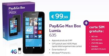 Promotions Pay+go max box lumia 635 - Nokia - Valide de 01/04/2015 à 30/04/2015 chez Proximus