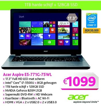 Promoties Acer aspire e5-771g-75wl - Acer - Geldig van 01/05/2015 tot 16/05/2015 bij Connect IT