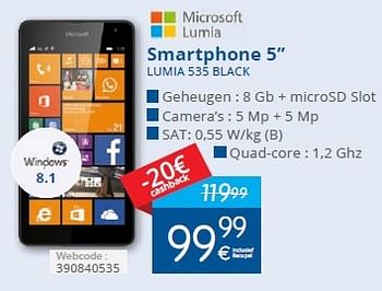 Promotions Microsoft smartphone 5 lumia 535 black - Microsoft - Valide de 01/06/2015 à 30/06/2015 chez Eldi