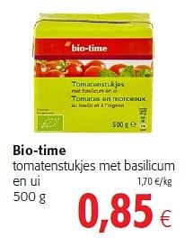 Promotions Bio-time tomatenstukjes met basilicum en ui - Bio-time - Valide de 03/06/2015 à 16/06/2015 chez Colruyt