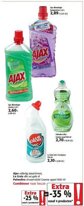 Promoties Ajax volledig assortiment, la croix alle wc-gels of palmolive afwasmiddel groene appel - Ajax - Geldig van 03/06/2015 tot 16/06/2015 bij Colruyt