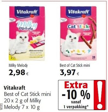 Promoties Vitakraft best of cat stick mini of milky melody - Vitakraft - Geldig van 03/06/2015 tot 16/06/2015 bij Colruyt