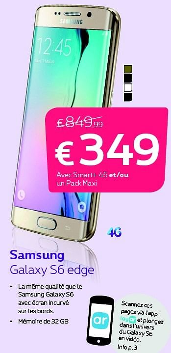 Promotions Samsung galaxy s6 edge - Samsung - Valide de 01/06/2015 à 30/06/2015 chez Proximus
