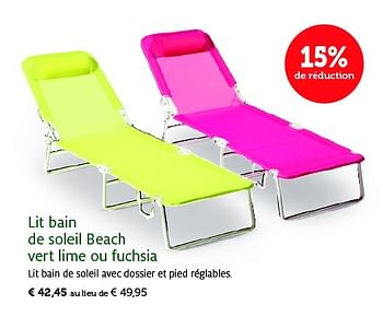 Promotions Lit bain de soleil beach vert lime ou fuchsia - Produit maison - Aveve - Valide de 23/06/2015 à 05/07/2015 chez Aveve