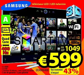 Promotions Samsung téléviseur led - led-televisie ue48h6400 - Samsung - Valide de 01/07/2015 à 31/07/2015 chez ElectroStock