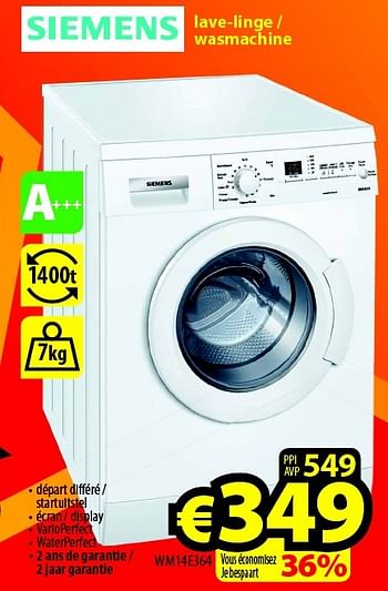 Promotions Siemens lave-linge - wasmachine wm14e364 - Siemens - Valide de 01/07/2015 à 31/07/2015 chez ElectroStock
