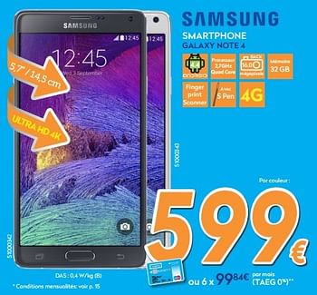 Promotions Samsung smartphone galaxy note 4 - Samsung - Valide de 24/08/2015 à 26/09/2015 chez Krefel