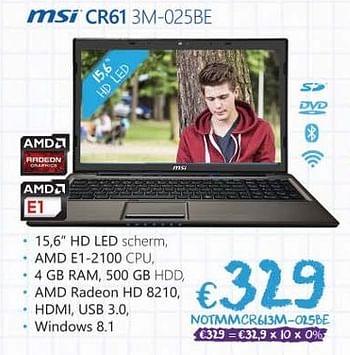 Promoties Msi cr61 3m-025be - MSI - Geldig van 24/08/2015 tot 30/09/2015 bij Compudeals