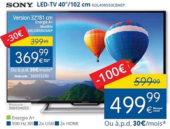 Promoties Sony led-tv 40``-102 cm kdl40r550cbaep - Sony - Geldig van 01/09/2015 tot 30/09/2015 bij Eldi