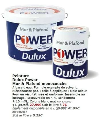 Promotions Peinture dulux power mur + plafond monocouche - Dulux - Valide de 30/09/2015 à 19/10/2015 chez BricoPlanit